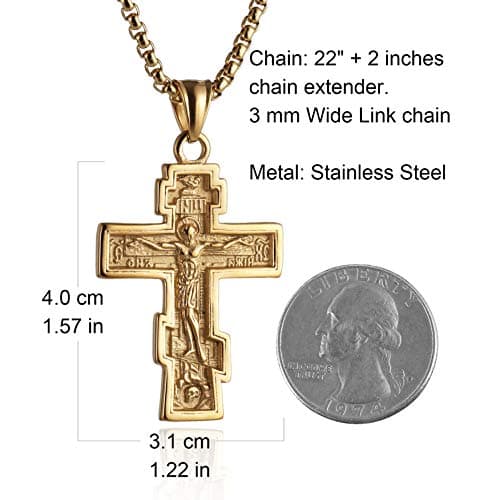 Vintage Stainless Steel Cross Pendant Necklace, Silver Gold Black Color Options, 22+2 Inches Chain