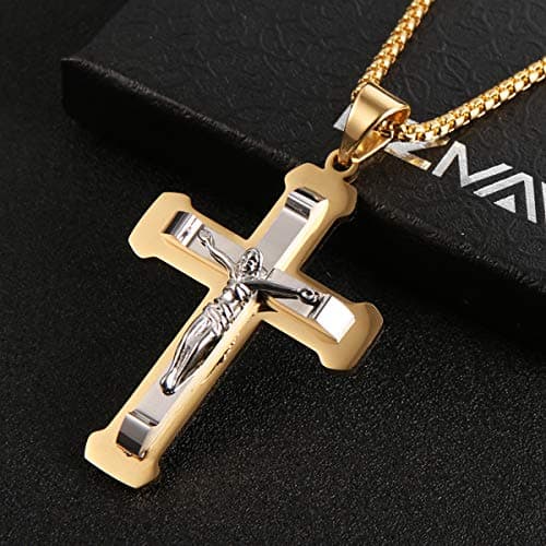 Men's Stainless Steel Jesus Pendant Necklace with Multicolor Cross