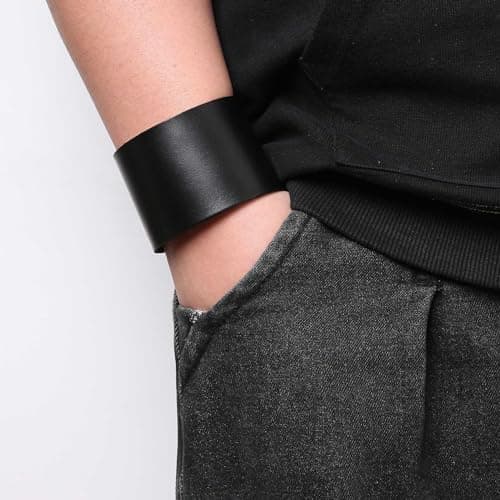 HZMAN 2Pcs Genuine Leather Men's Punk Wide Cuff Bracelets