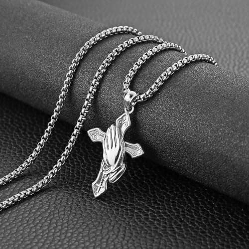 HZMAN Men's Stainless Steel Praying Hand Cross Pendant Christian Jewelry_gift