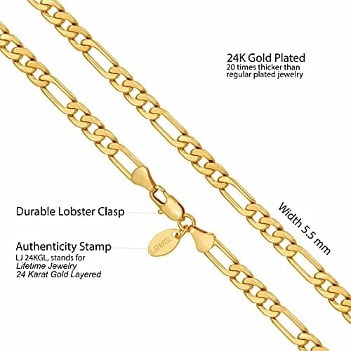 Flat Figaro Chain Necklaces in 24k Real Gold Plated for Men & Women
