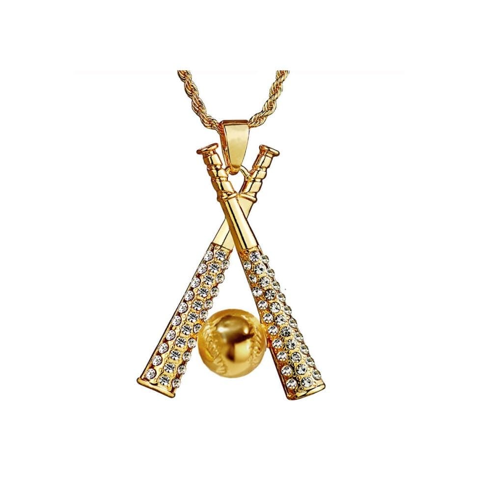 Hilufiet Hip Hop Iced Out Cross Baseball Bat Pendant 18k Gold Plated Necklace Men Women