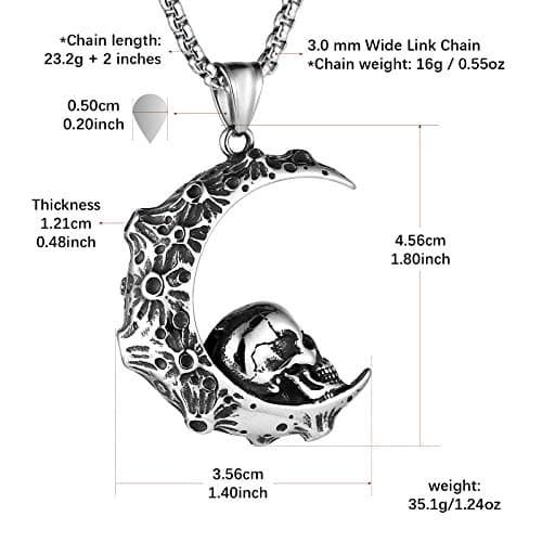 HZMAN Gothic Retro Moon Crescent Skull Stainless Steel Pendant Necklace