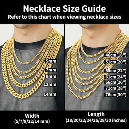 ChainsHouse 18K Gold Miami Cuban Chain Necklace, Black, 5mm-14mm Width, Durable Gift Box