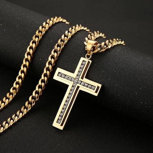 Men's Stainless Steel Cross Pendant Necklace with Cubic Zirconia Inlay and Cuban Chain