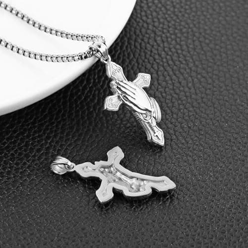 HZMAN Men's Stainless Steel Praying Hand Cross Pendant Christian Jewelry_gift