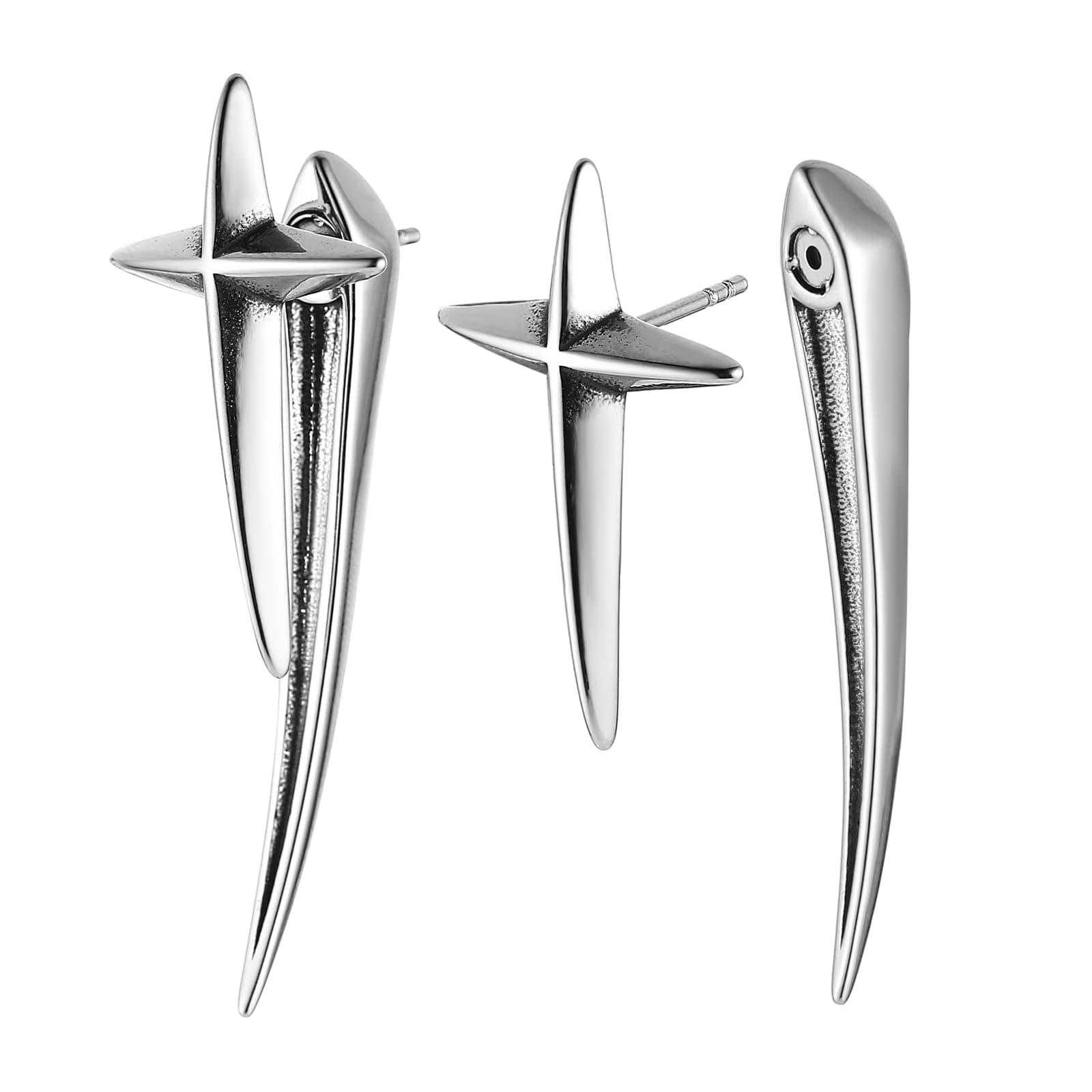 HZMAN Cross Star Stainless Steel Ear Spike Stud Jewelry for Men and Women