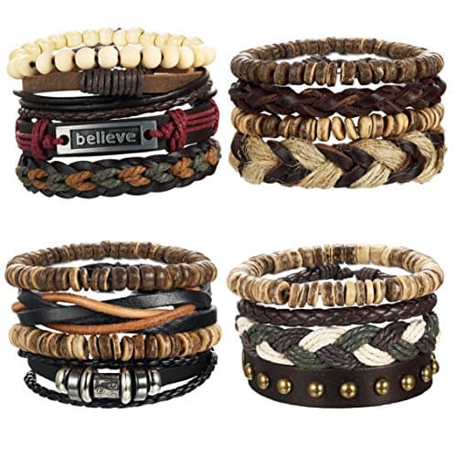 LOYALLOOK 8-34PCs Men's Leather Wrap Cuff Bracelets with Hemp Cords & Wood Beads