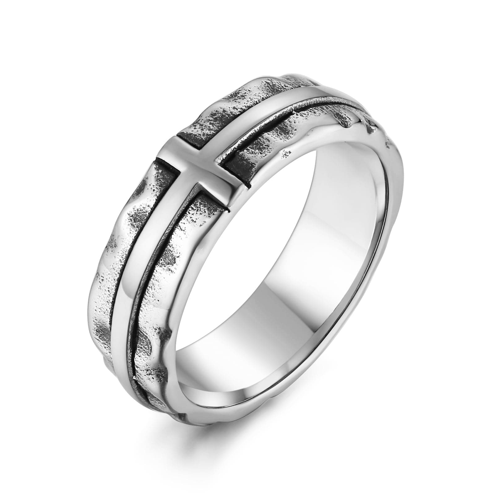 HZMAN Men's Stainless Steel Retro Hammered Cross Ring 6.5mm Wide Stackable Band Jewelry Gift