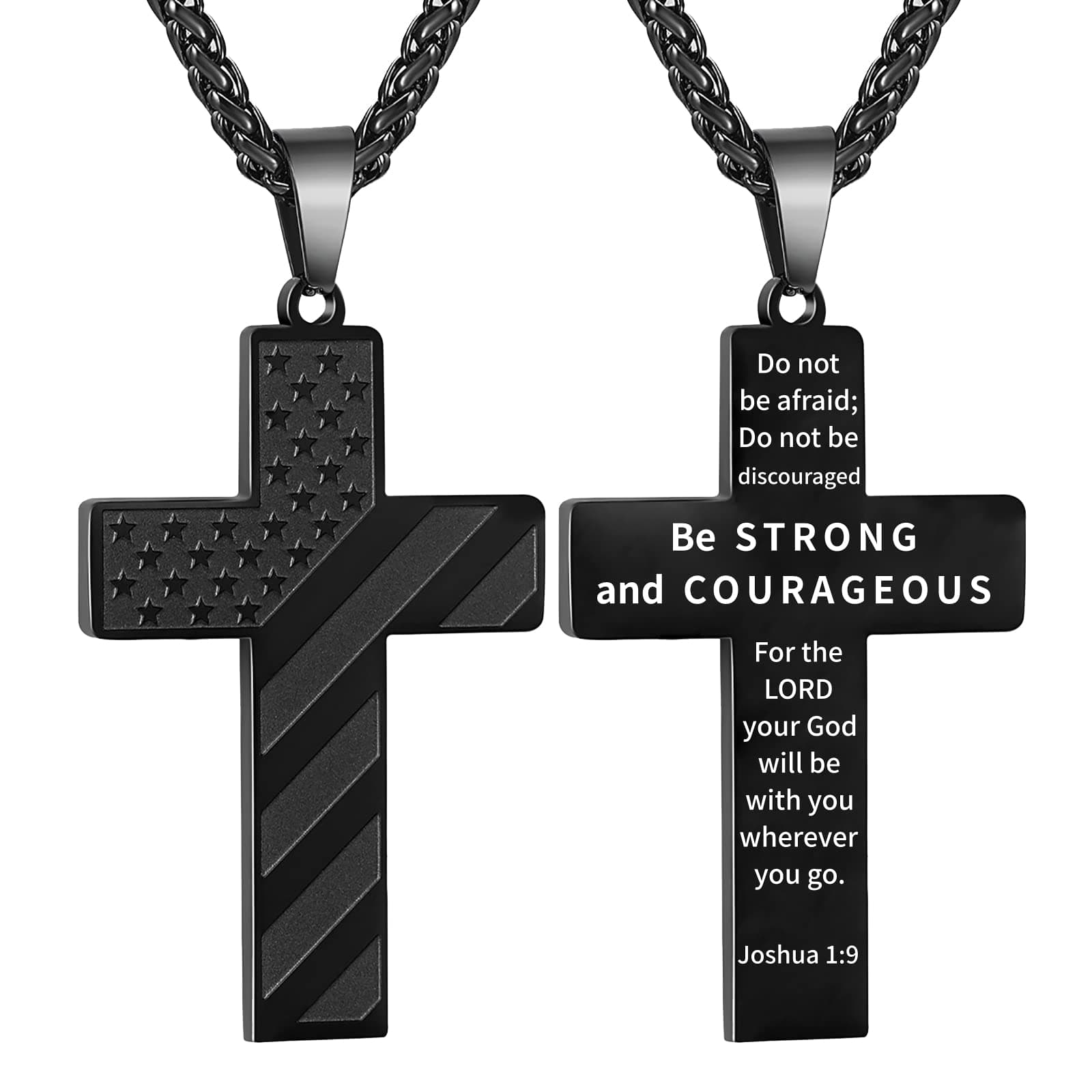 DuoDiner Graduation Gift: 18+2 Inch Cross Necklace with Bible Verse & American Flag Pendant for Men & Boys