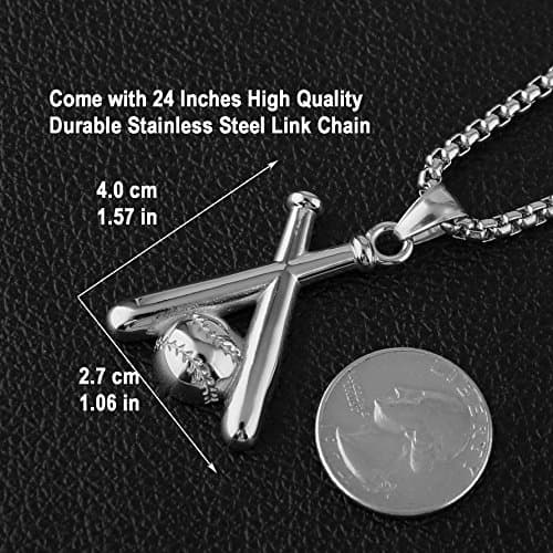 HZMAN Stainless Steel Baseball Pendant Necklace with 22+2'' Chain