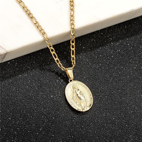 Yipima 14K Gold Plated Oval Guadalupe Virgin Mary Necklace, 3mm Flat Figaro Chain