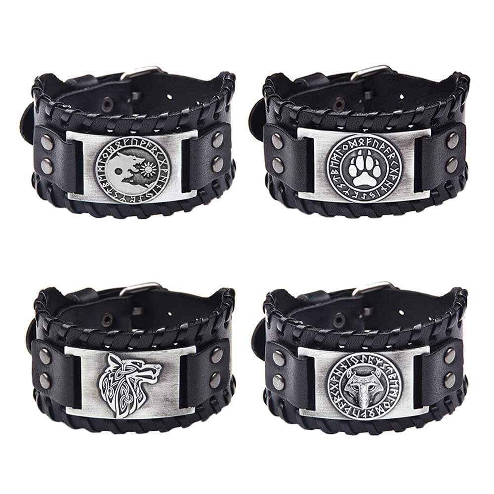 TURTLEDOVE 4PCS Viking Leather Wolf Fenrir Cuffbracelet