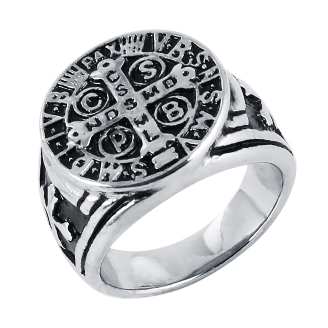 St Benedict Exorcism Ring Stainless Steel Cross Demon Protection