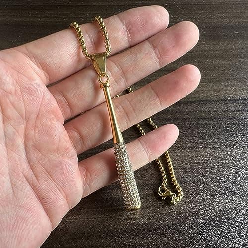 Heavstjer Hip Hop 18K Gold Iced Out Baseball Bat Pendant Necklace