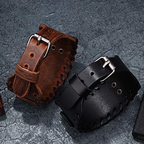 Juland Punk Braided Wolf Head Mens Leather Cuff Wristband Adjustable