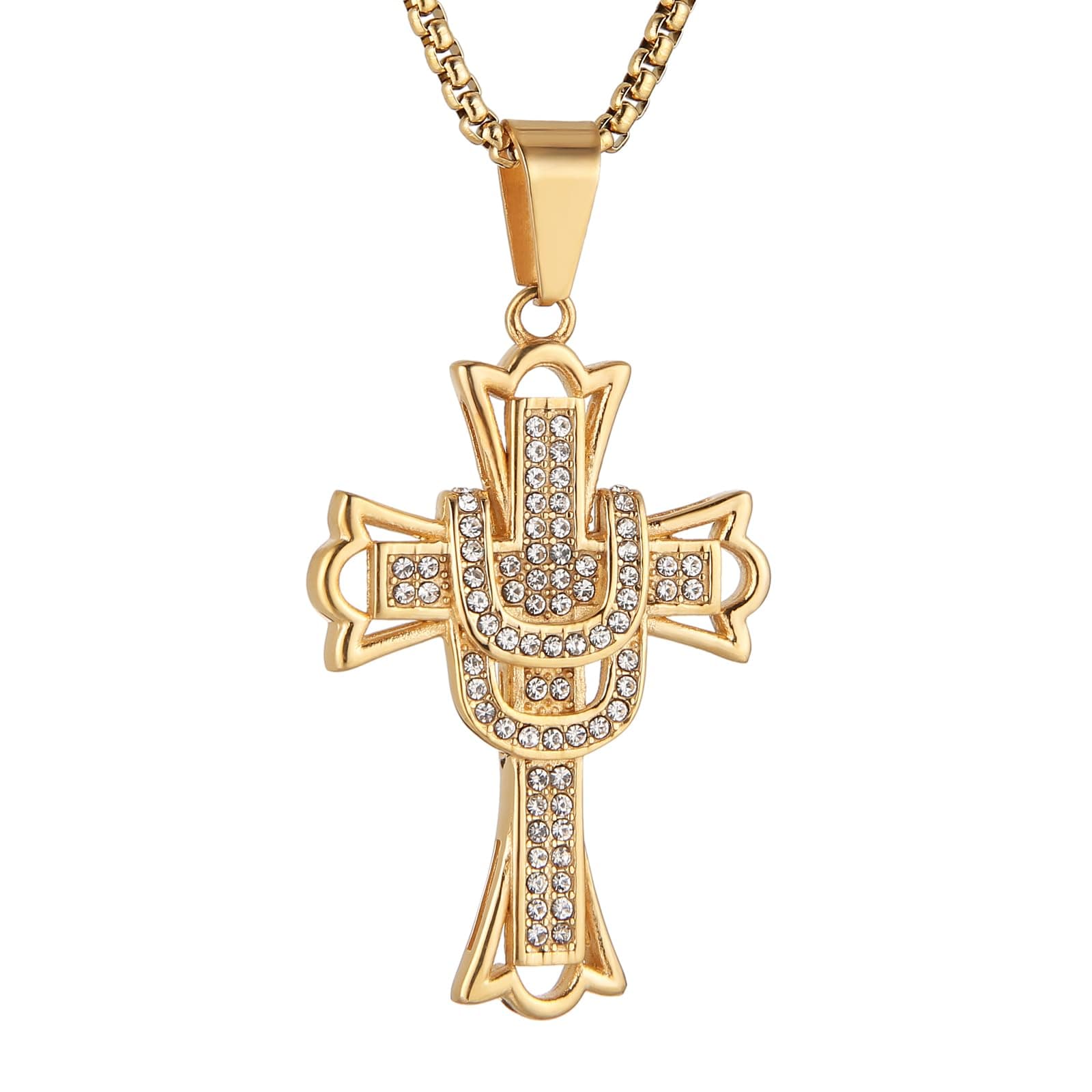 HZMAN Mens 18k Gold Plated Stainless Steel Hip-Hop Cross Cz Pendant Necklace
