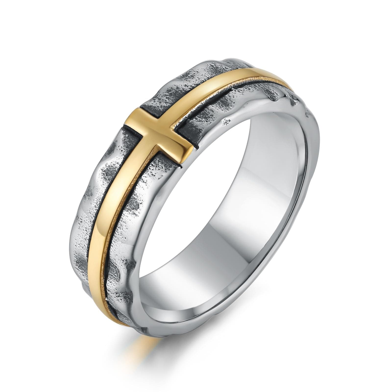 HZMAN Men's Stainless Steel Retro Hammered Cross Ring 6.5mm Wide Stackable Band Jewelry Gift