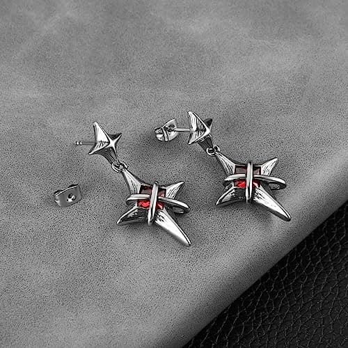 Men's Stainless Steel Gothic Punk Red Crystal Star Stud Earrings
