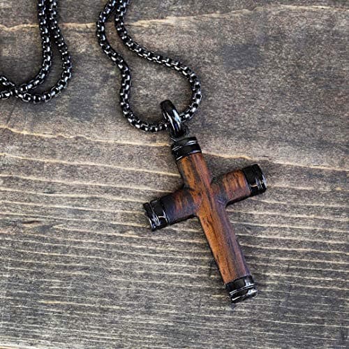 Metal Masters Co. Black Stainless Steel Cross Pendant with Real Santos Wood Necklace, 24" Round Box Chain