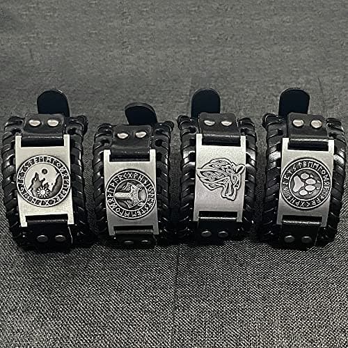 TURTLEDOVE 4PCS Viking Leather Wolf Fenrir Cuffbracelet