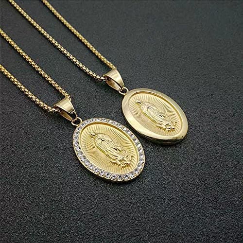 Gold Plated Virgin Mary Necklace 24in Chain for Men & Women