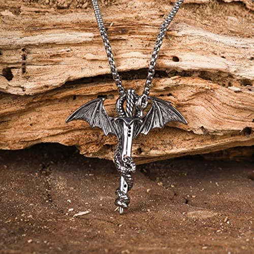 HAQUIL Silver Plated Dragon Sword Pendant Necklace for Men