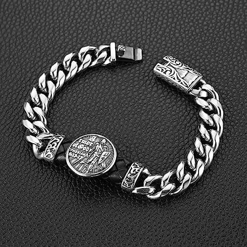 Knight Templar Red Cross Bracelet: Armor of God Stainless Steel Cuban Chain Link Bracelet