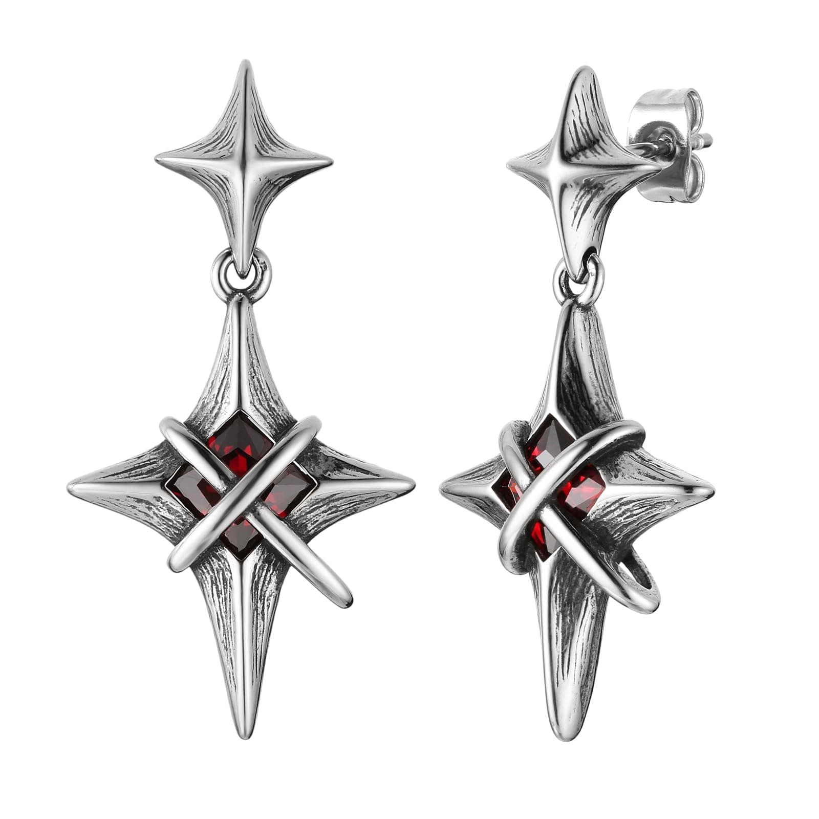 Men's Stainless Steel Gothic Punk Red Crystal Star Stud Earrings