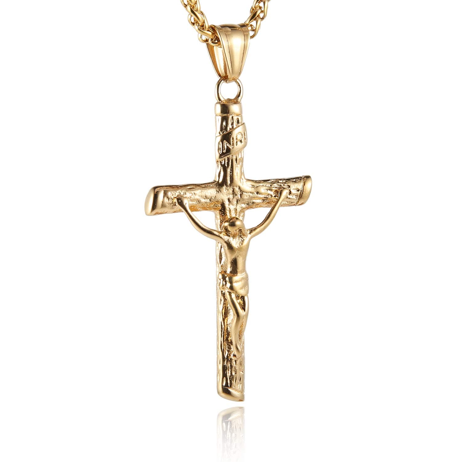 HZMAN Crucifix Cross Pendant Necklace Stainless Steel Jesus Jewelry for Men and Women with 22+2 Chain