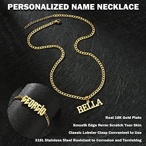 Jecivila Personalized 18K Gold Plated Mens Name Necklace, Custom Initial Number, Rope Figaro Chain Gifts for Dad & Boyfr