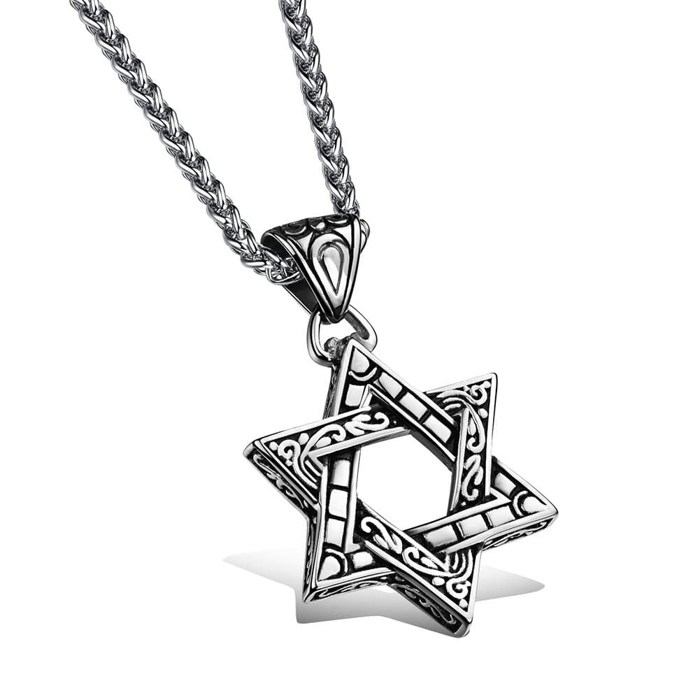 Men's Vintage Silver Star of David Pendant Necklace in 316L Stainless Steel