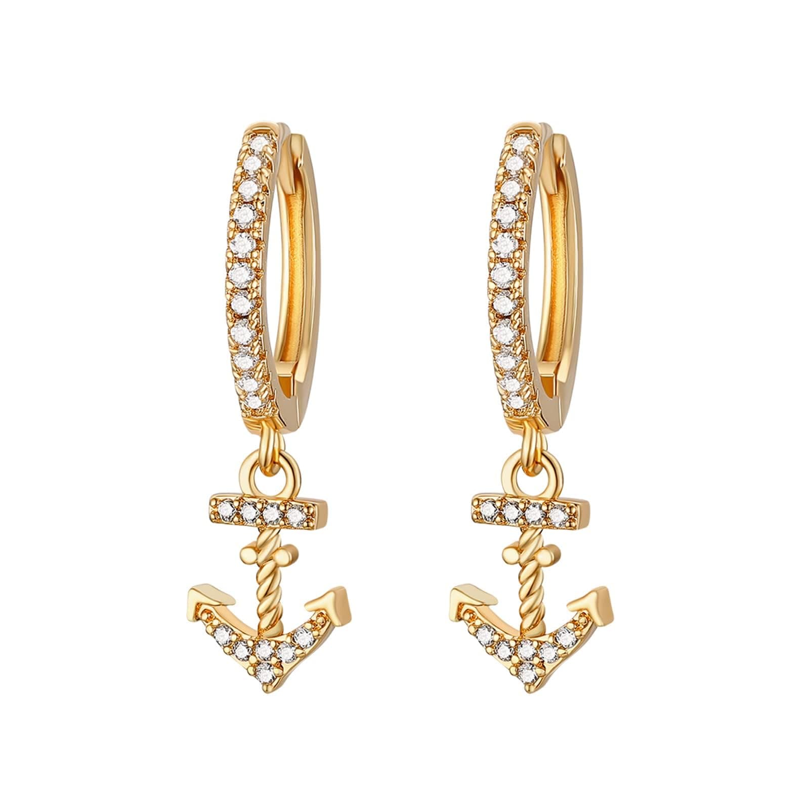 HZMAN 14K Gold Plated Cubic Zirconia Nautical Anchor Earrings for Women