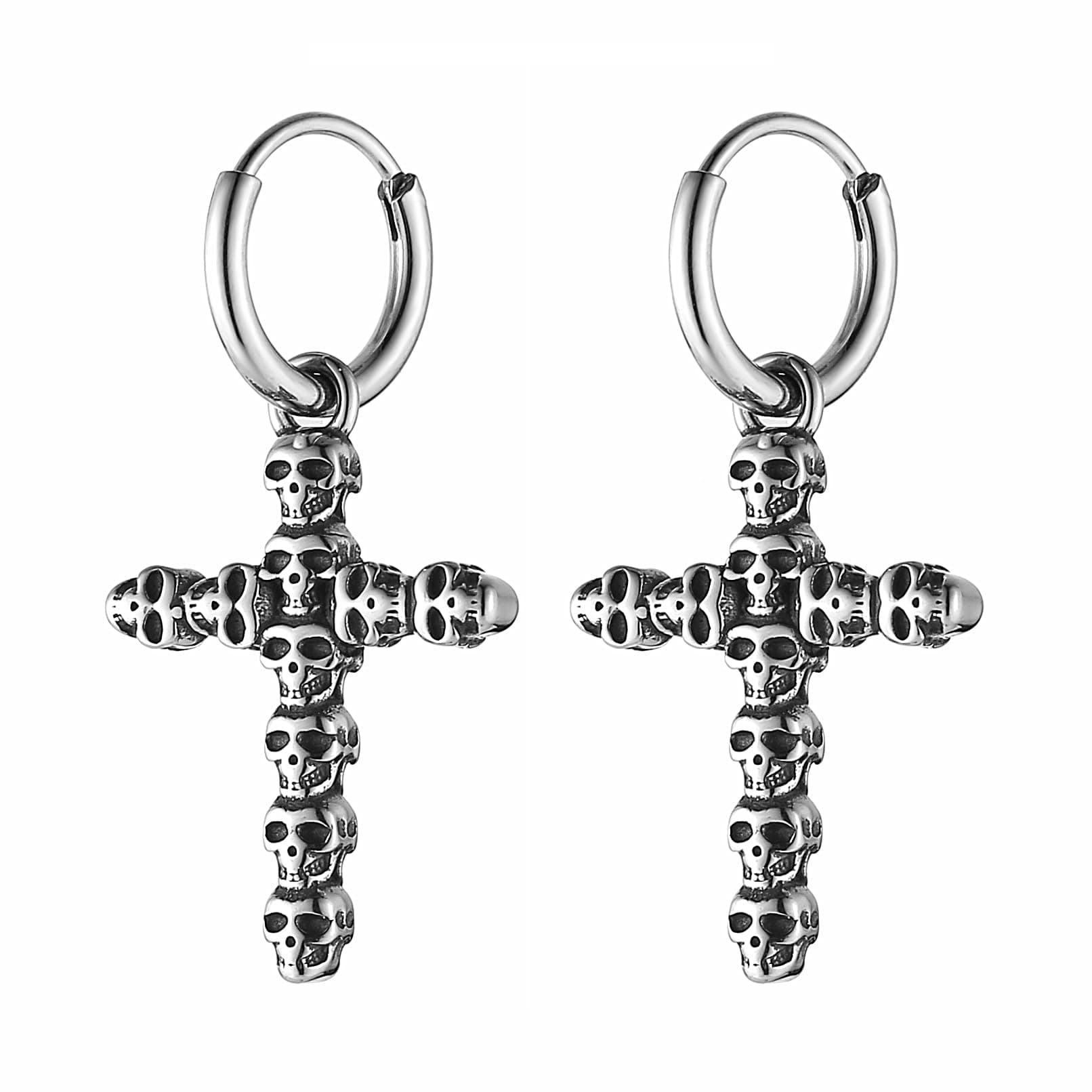 HZMAN Men's Stainless Steel Gothic Punk Skull Cross Earrings