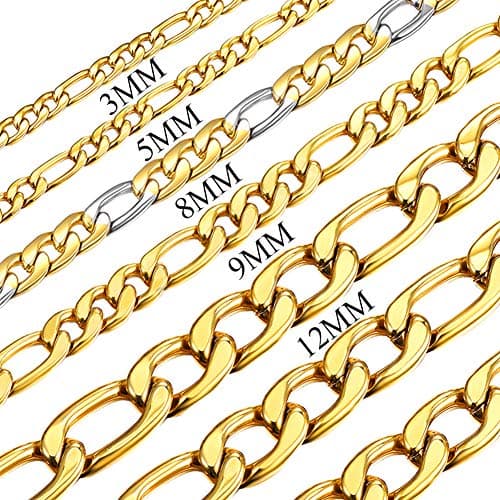 Figaro Chain Necklace - 3mm-9mm Stainless Steel, 18K Gold Plated, 16"-30"