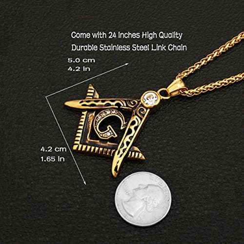 HZMAN Freemason Symbol Stainless Steel Pendant Necklace with Cubic Zirconia