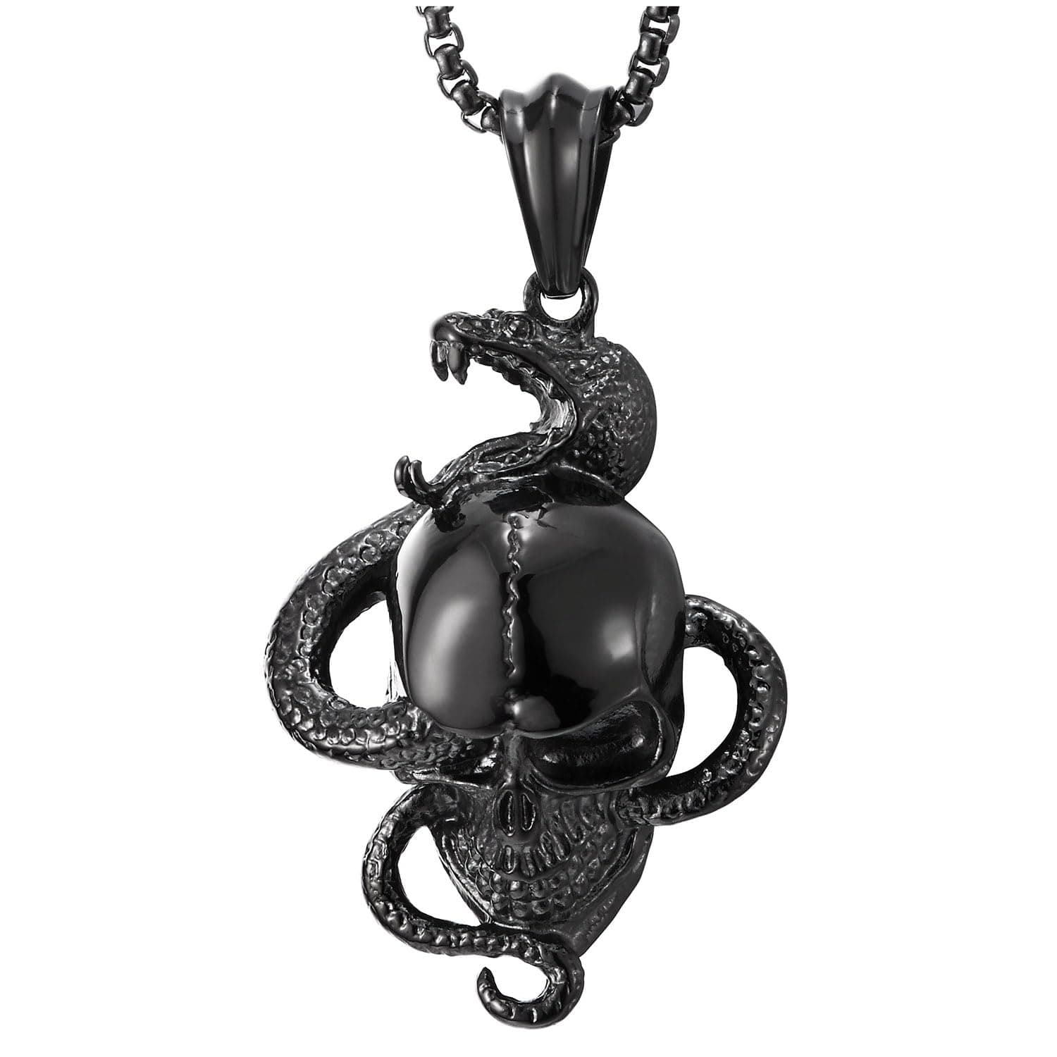 COOLSTEELANDBEYOND Men's Stainless Steel Snake Skull Pendant Necklace, Punk, 30 Inches Wheat Chain
