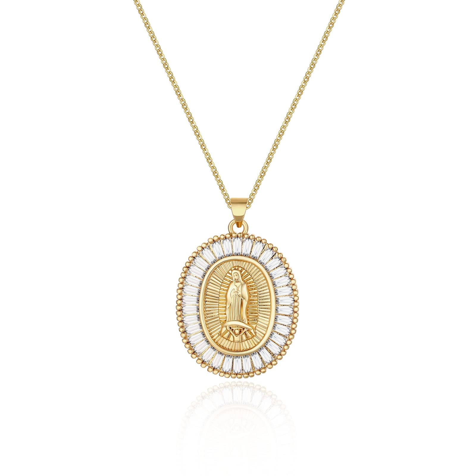 Gold Plated Virgin Mary Necklace for Women with Cubic Zirconia Halo