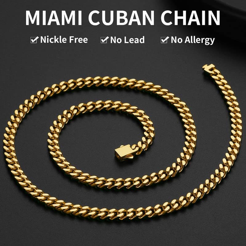 ChainsHouse 18K Gold Miami Cuban Chain Necklace, Black, 5mm-14mm Width, Durable Gift Box