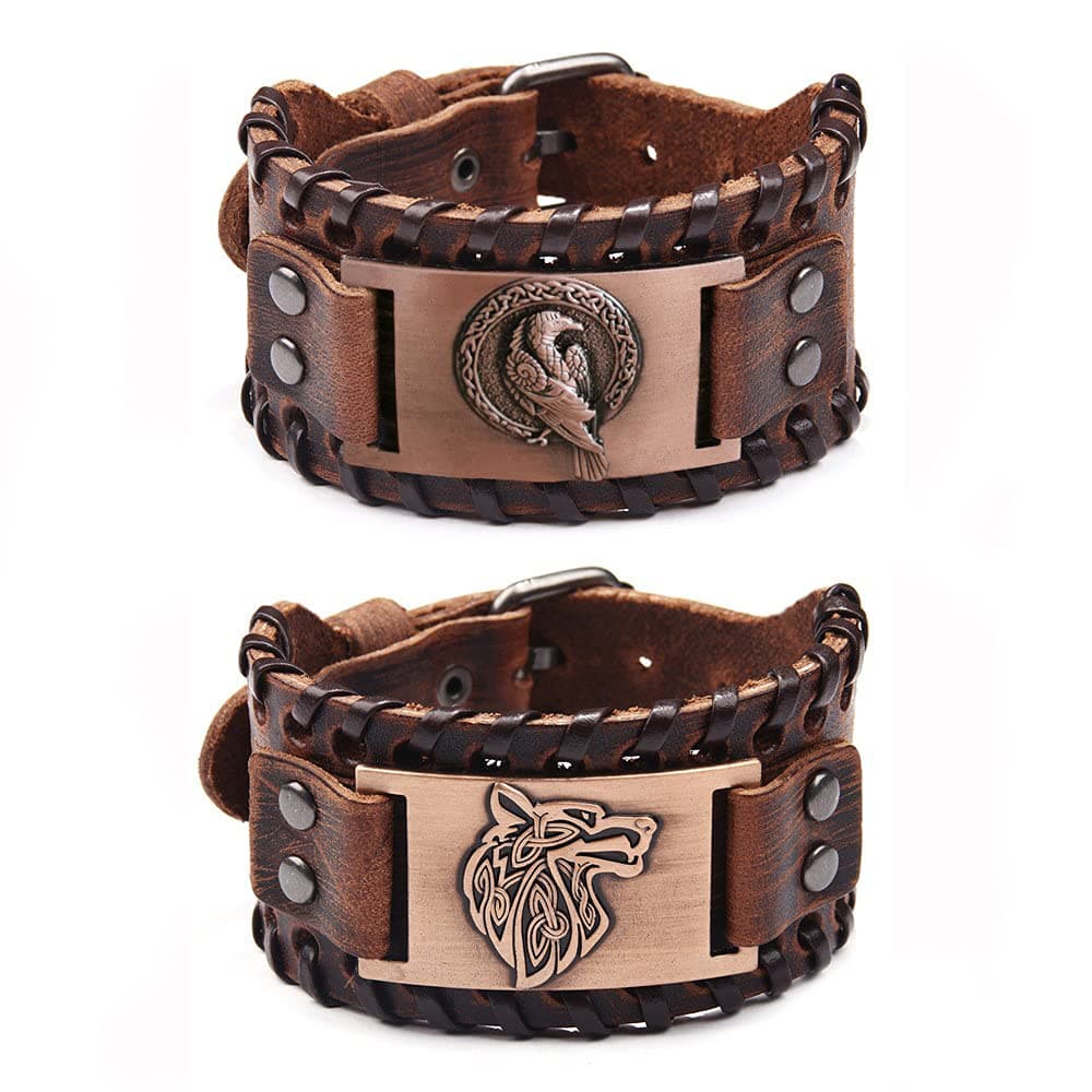 TURTLEDOVE Viking Leather Wolf Fenrir & Odin’s Raven Medieval Bracelets