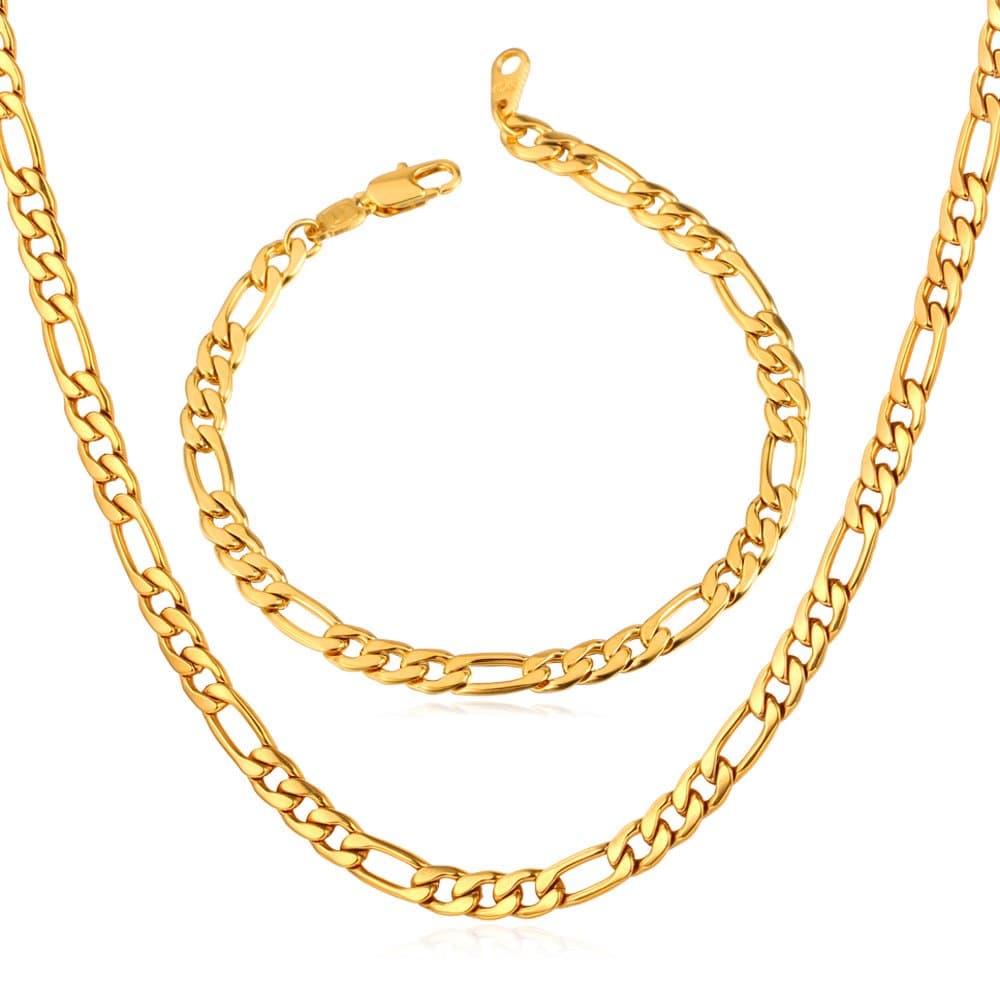 Figaro Chain Necklace - 3mm-9mm Stainless Steel, 18K Gold Plated, 16"-30"