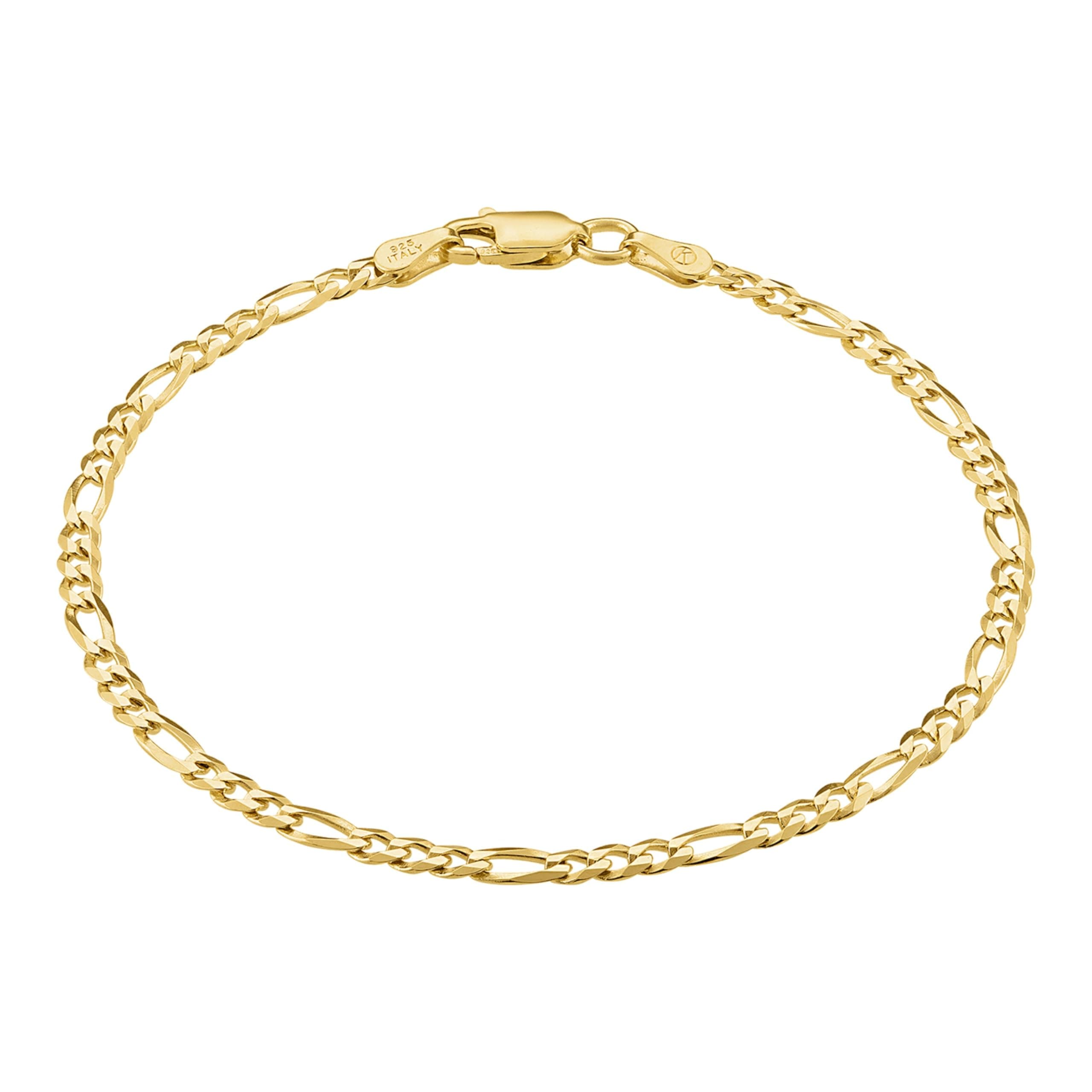KISPER Italian 925 Sterling Silver 18k Gold Plated Diamond-Cut Figaro Chain Bracelet, 3mm