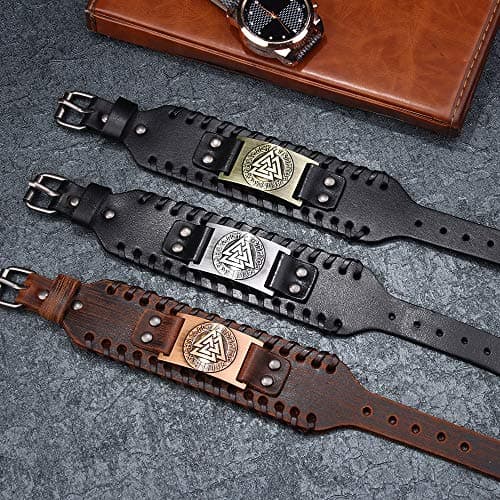 Juland Punk Braided Wolf Head Mens Leather Cuff Wristband Adjustable