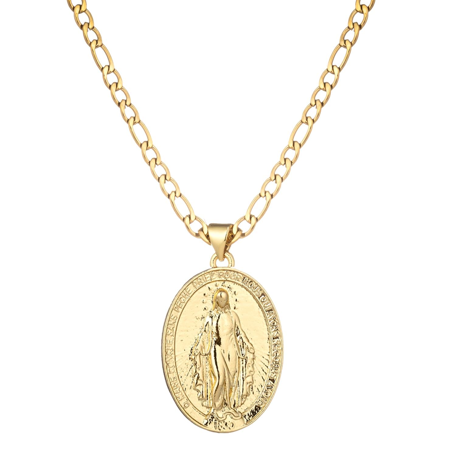 Yipima 14K Gold Plated Oval Guadalupe Virgin Mary Necklace, 3mm Flat Figaro Chain