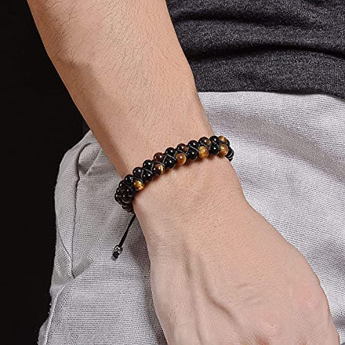 Triple Protection Tiger Eye Lava Rock Mens Bracelet - Adjustable Chakra Healing Yoga Gift