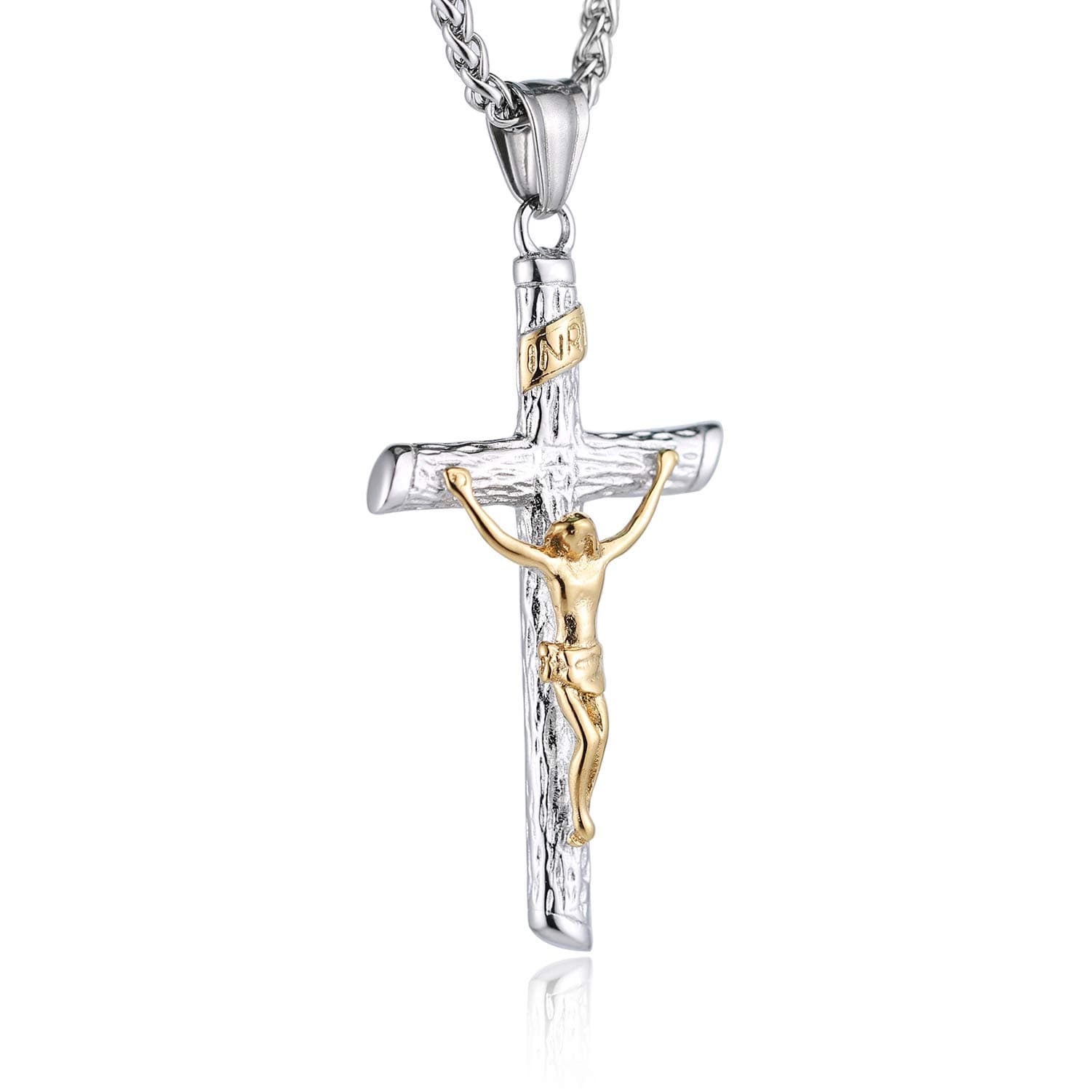 Christian Crucifix Cross Pendant Necklace Stainless Steel with Chain