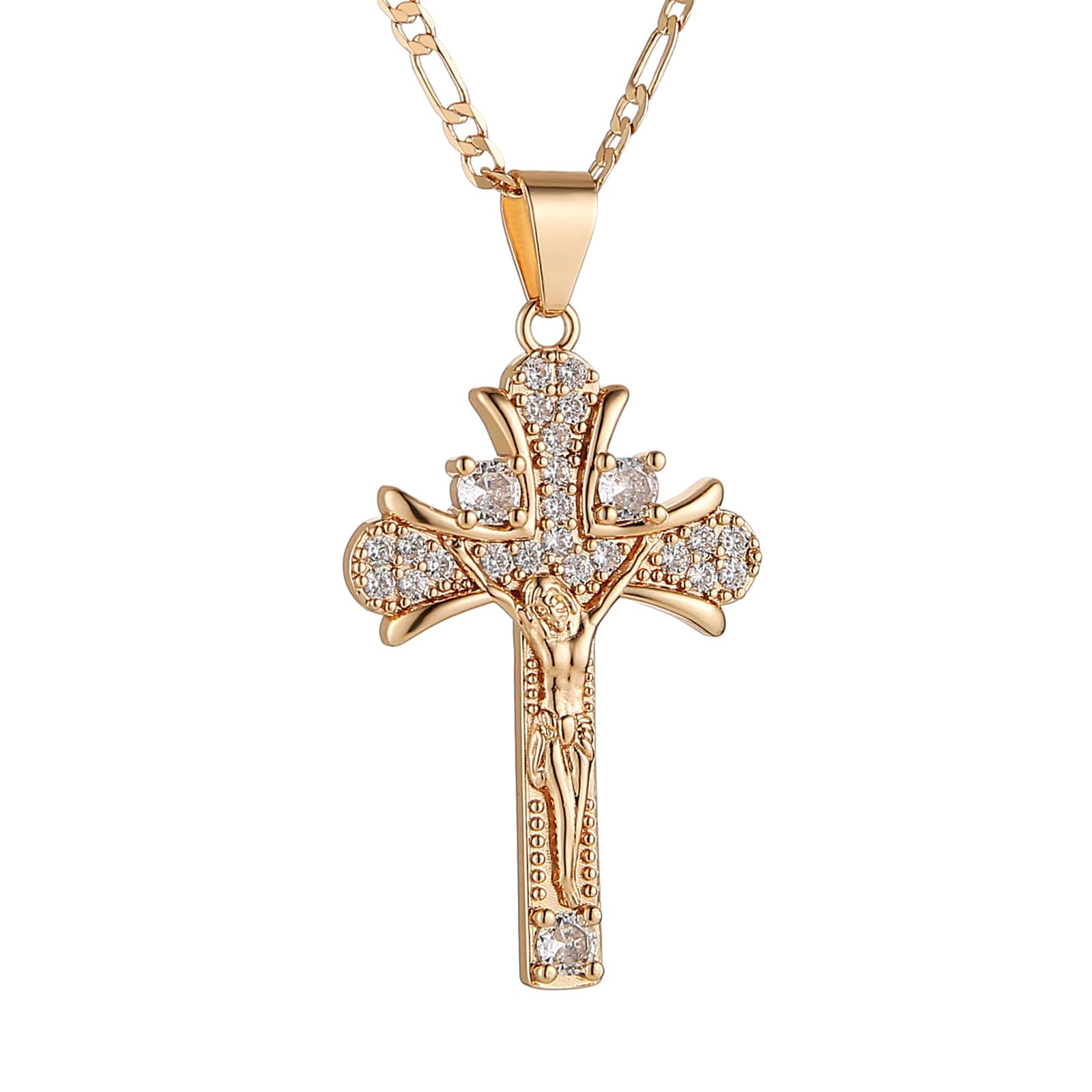 HZMAN 14K Rose Gold Plated Cubic Zirconia Cross Pendant Faith Jewelry for Men & Women