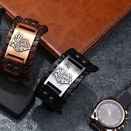 TURTLEDOVE Viking Leather Wolf Fenrir & Odin’s Raven Medieval Bracelets