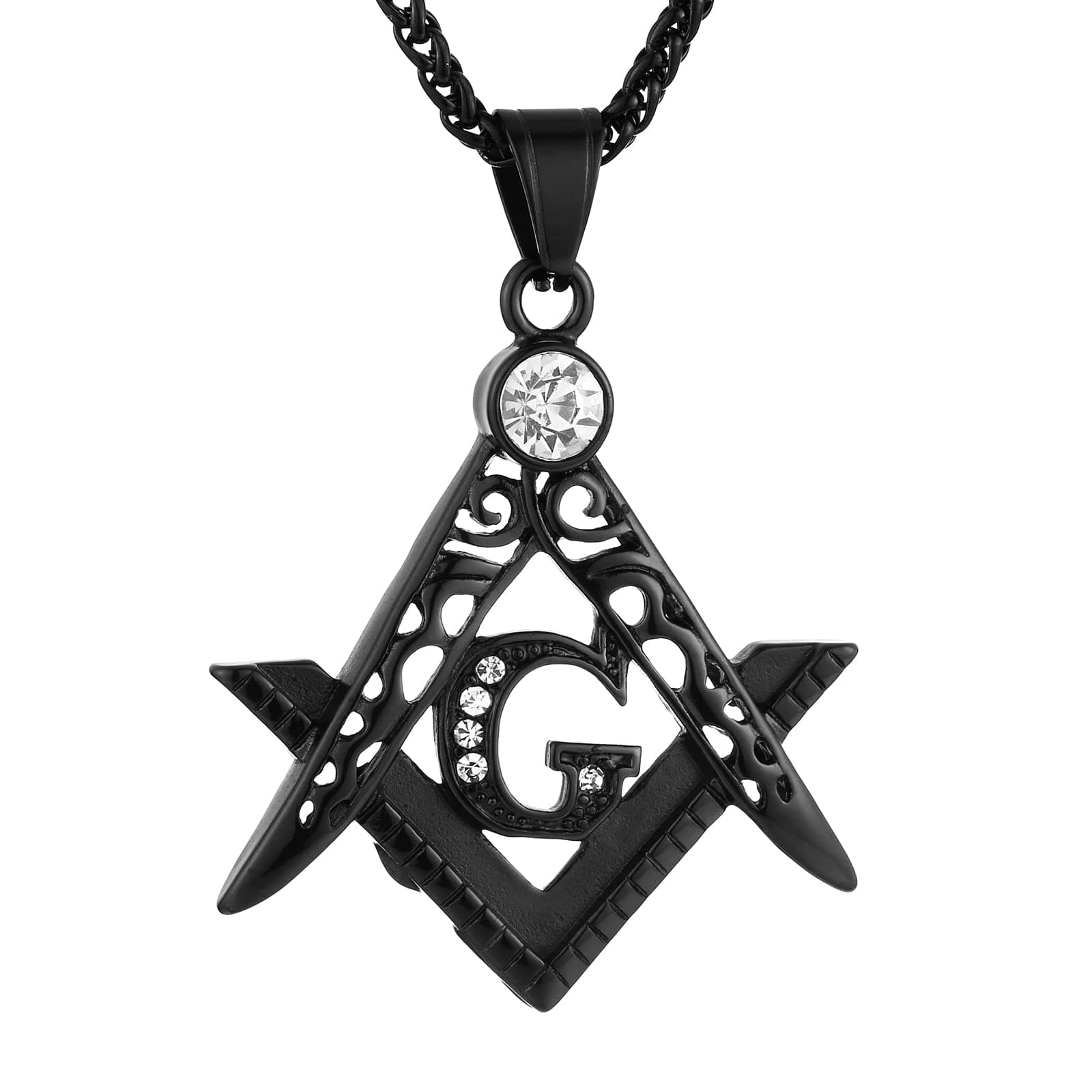 HZMAN Mens Freemason Symbol Cubic Zirconia Pendant Necklace 22+2 inch Chain