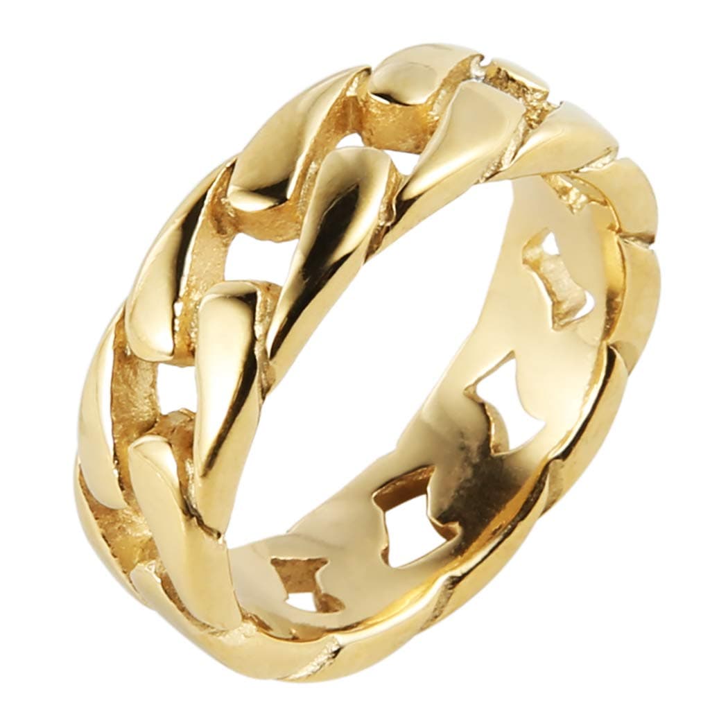 Stainless Steel 7mm Wide Band Cuban Link Chain Ring, 5 Colors
